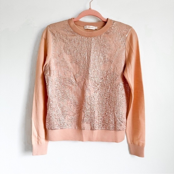Tory Burch Peach Floral Cloque Front Crew neck Silk Wool Sweater sz Small - Picture 6 of 10